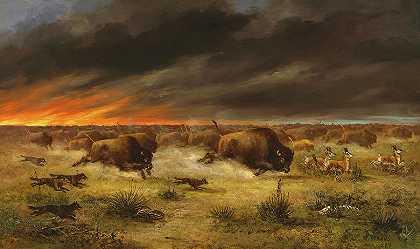 1888年，一群从草原大火中逃离的水牛`Herd of Buffalo Fleeing from Prairie Fire, 1888 by Meyer Straus