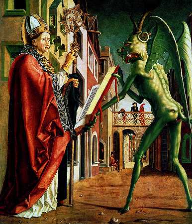 向圣奥古斯丁举起恶习之书的魔鬼`The Devil holding up the Book of Vices to Saint Augustine by Michael Pacher