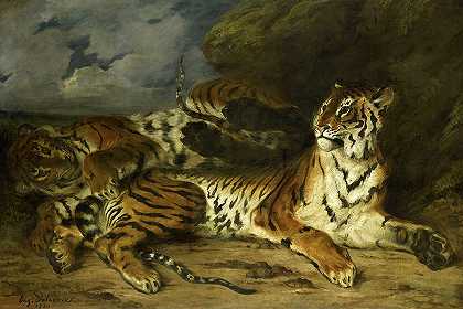 一只小老虎在和它的妈妈玩耍`A Young Tiger Playing with its Mother by Eugene Delacroix