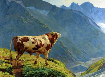 阿尔卑斯山的公牛`The Bull in the Alps by Eugene Burnand