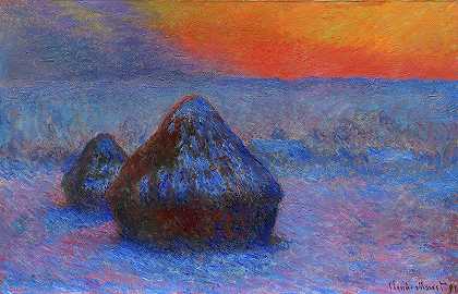 小麦堆，雪效应，日落，1891年`Stacks of Wheat, Snow Effect, Sunset, 1891 by Claude Monet