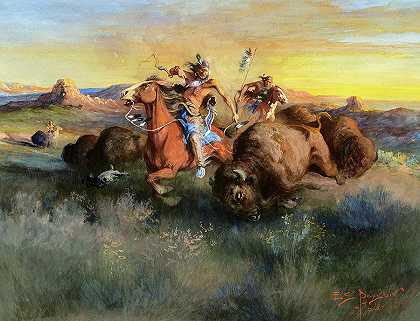 猎杀野牛`The Buffalo Hunt by Edgar Samuel Paxson