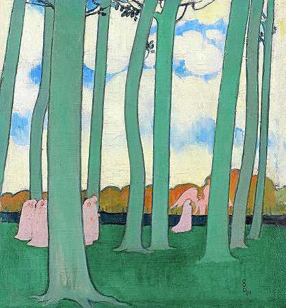 绿树成荫，树下游行`Landscape with green trees, Procession under the trees by Maurice Denis