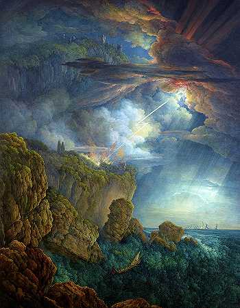 1805年，塞法卢的夜风暴`Night Storm at Cefalu, 1805 by Louis Ducros