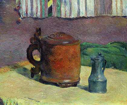 静物画，木坦克和金属水罐，1880年`Still Life, Wood Tankard and Metal Pitcher, 1880 by Paul Gauguin