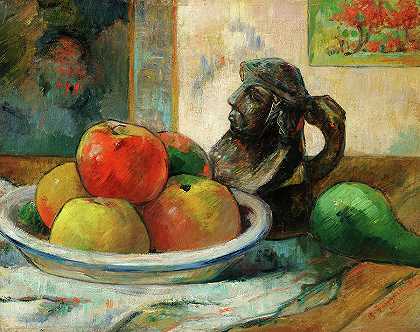 《苹果、梨和陶瓷肖像壶的静物画》，1889年`Still Life with Apples, a Pear, and Ceramic Portrait Jug, 1889 by Paul Gauguin
