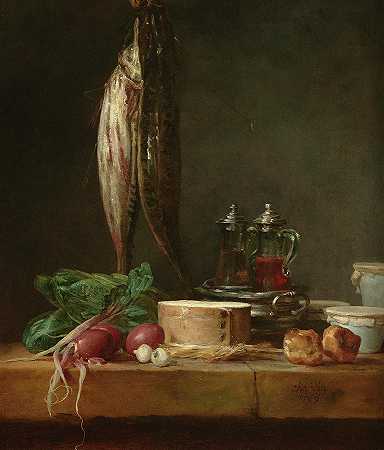 1769年的静物画，桌子上摆着鱼、蔬菜、勾勾、罐子和拐杖`Still Life with Fish, Vegetables, Gougeres, Pots, and Cruets on a Table, 1769 by Jean-Simeon Chardin