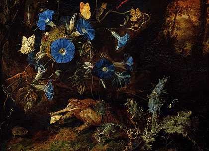 牵牛花、蟾蜍和昆虫，1660年`Morning glory, toad, and insects, 1660 by Otto Marseus van Schrieck