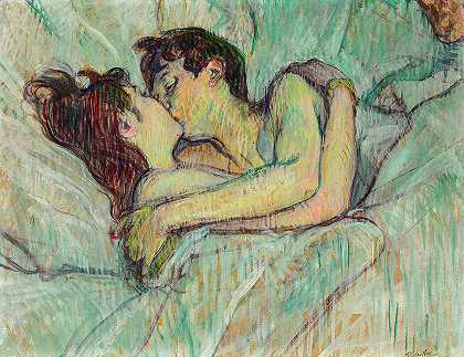 在床上，吻`Au lit, Le baiser by Henri de Toulouse-Lautrec