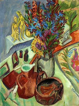 《水壶与非洲碗静物》，1912年`Still Life with Jug and African Bowl, 1912 by Ernst Ludwig Kirchner
