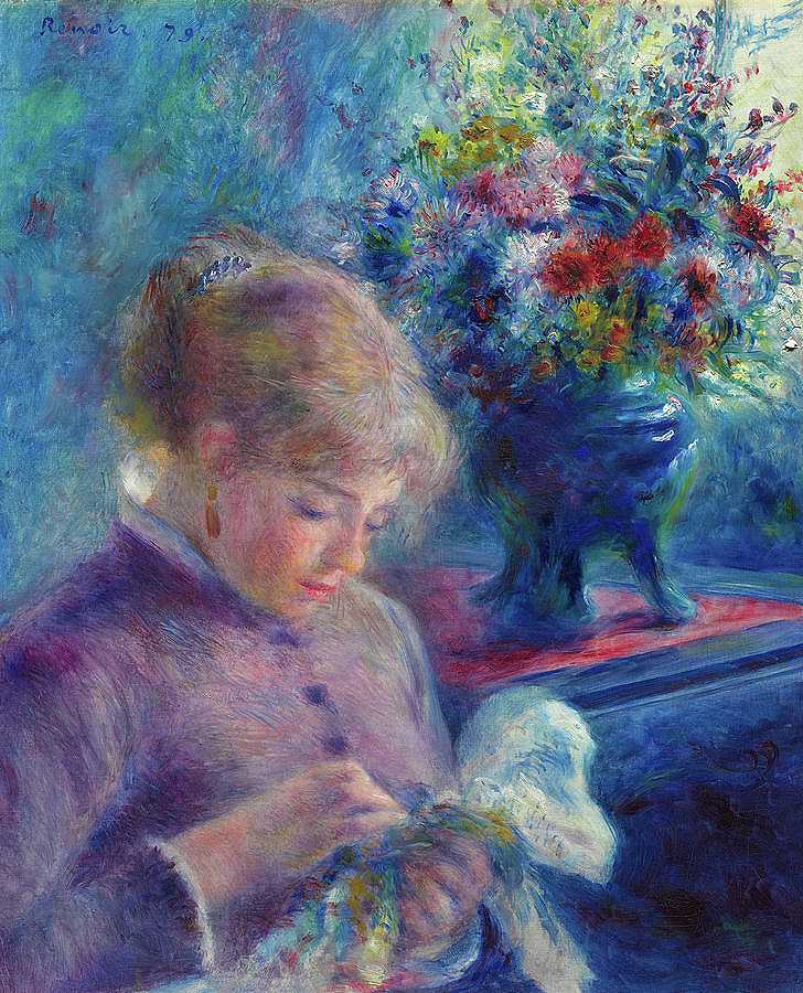年轻女子缝纫，1879年`Young Woman Sewing, 1879 by Pierre-Auguste Renoir