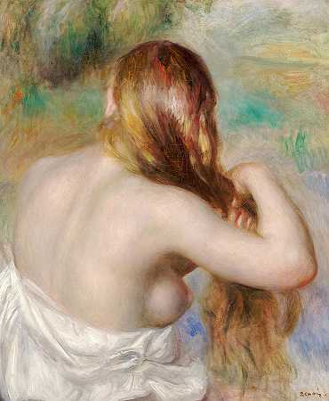 金发女郎编辫子，1886年`Blonde Braiding Her Hair, 1886 by Pierre-Auguste Renoir
