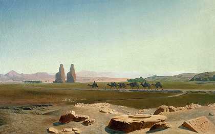 商队经过门农巨像，底比斯，1856年`Caravan passing the Colossi of Memnon, Thebes, 1856 by Jean-Leon Gerome