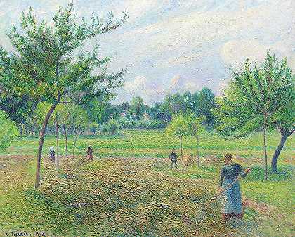 1892年在埃拉格尼做干草`Haymaking at Eragny, 1892 by Camille Pissarro