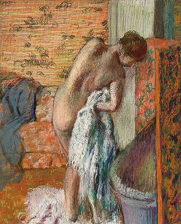 洗完澡，女人在擦干自己，1886年`After the Bath, Woman drying Herself, 1886 by Edgar Degas