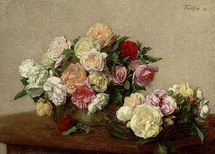 碗碟里的玫瑰`Roses in a Bowl and Dish by Henri Fantin-Latour