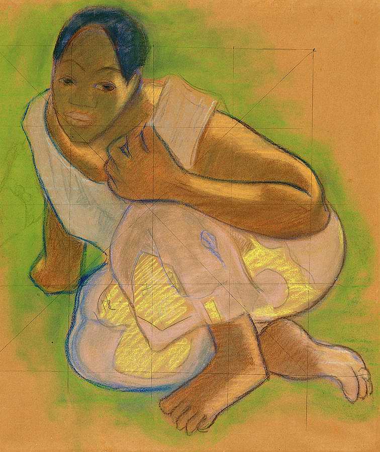 蹲着的大溪地女人，为Nafea做研究`Crouching Tahitian Woman, Study for Nafea by Paul Gauguin