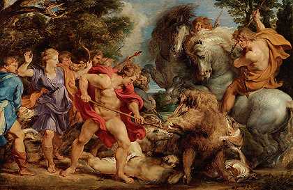 卡利多尼亚野猪狩猎，1611-1612年`The Calydonian Boar Hunt, 1611-1612 by Peter Paul Rubens