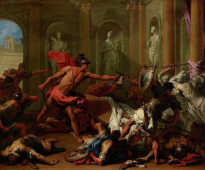 1705-1710年，珀尔修斯与美杜莎的首领菲尼乌斯对峙`Perseus Confronting Phineus with the Head of Medusa, 1705-1710 by Sebastiano Ricci