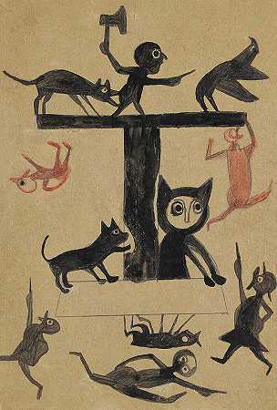 1939-1942年猫的图形和构造`Figures and Construction with Cat, 1939-1942 by Bill Traylor