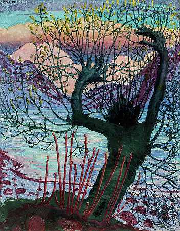 《春夜与柳树妖精》，1917年`Spring Night and Willow Goblin, 1917 by Nikolai Astrup