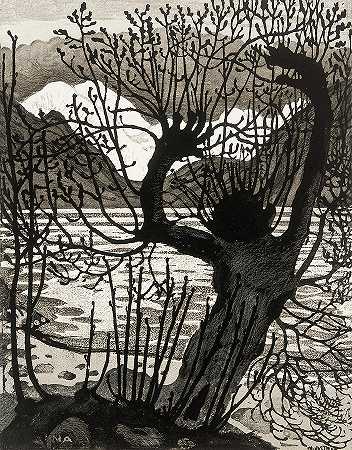 《春夜与柳树》，1917年`Spring Night and Willow, 1917 by Nikolai Astrup