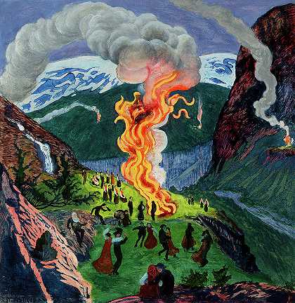 仲夏夜篝火，1904-1917`Midsummer Eve Bonfire, 1904-1917 by Nikolai Astrup