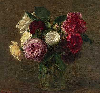 花瓶里的玫瑰，1880-1889`Roses in a Vase, 1880-1889 by Henri Fantin-Latour