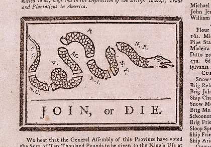 加入或死亡，宾夕法尼亚公报，本杰明·富兰克林`Join or Die, Pennsylvania Gazette, Benjamin Franklin by American History