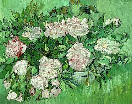粉红玫瑰，1890年`Pink Roses, 1890 by Vincent Van Gogh