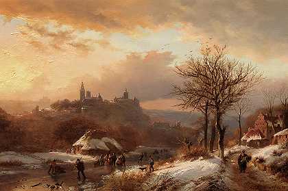 从远处可以看到克利夫的冬季风景`A winter landscape with a view of Cleves in the Distance by Barend Cornelis Koekkoek