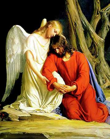 一位天使在耶稣被捕前在客西马尼花园安慰他`An angel comforting Jesus before his arrest in the Garden of Gethsemane by Carl Bloch