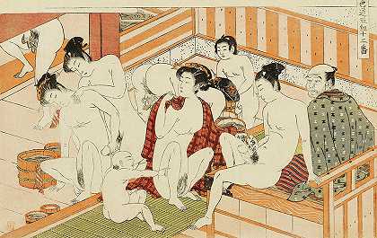 顺佳浴室`Shunga, Bath House by Isoda Koryusai