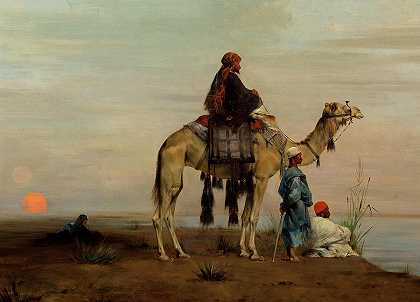 等待渡船横渡尼罗河，1872年`Waiting for the Ferryboat across the Nile, 1872 by Eugene Fromentin