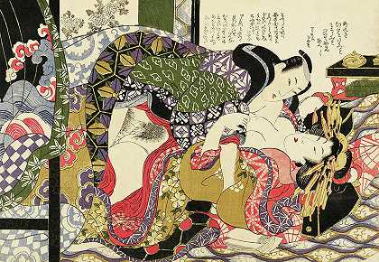 顺佳，吉原妓女和武士顾客`Shunga, Yoshiwara Prostitute with Samurai Customer by Kikugawa Eizan