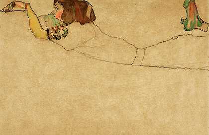 仰卧的女孩`Girl Reclining on Stomach by Egon Schiele