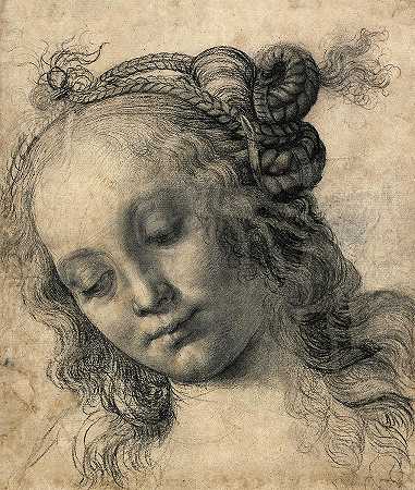 一个梳着辫子的女人的头`Head of a Woman With Braided Hair by Andrea del Verrocchio