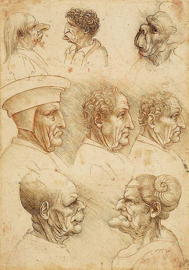 五个怪诞的脑袋和三个侧面的男人脑袋`Five Grotesque heads, and three Heads of men in profile by Leonardo da Vinci