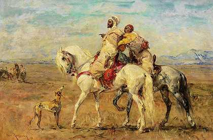 沙漠中的两名阿拉伯骑士`Two Arab Cavaliers in the desert by Henri Rousseau