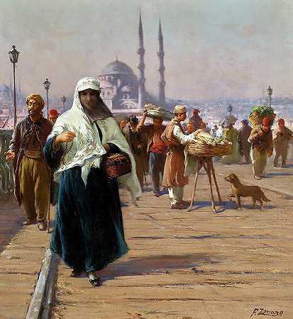 在君士坦丁堡的加拉塔桥上`On the Galata Bridge, Constantinople by Fausto Zonaro