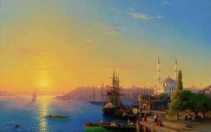 君士坦丁堡景观，奥塔科伊清真寺`View of Constantinople, Ortakoy Mosque by Ivan Aivazovsky