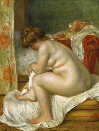 女人洗澡后，裸体坐着`Woman After Bath, Seated Female Nude by Pierre-Auguste Renoir