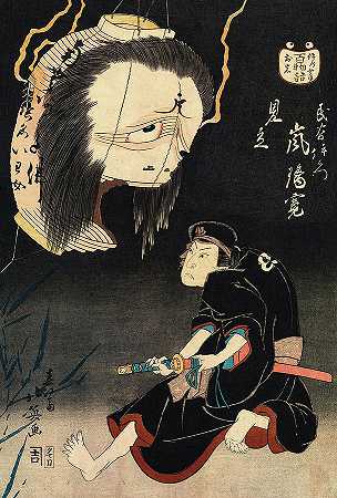 歌舞伎演员艾蒙在一盏破灯笼上与被谋杀的妻子艾娃对峙`Kabuki Actor as Iemon Confronted by an Image of His Murdered Wife, Oiwa, on a Broken Lantern by Shunbaisai Hokuei