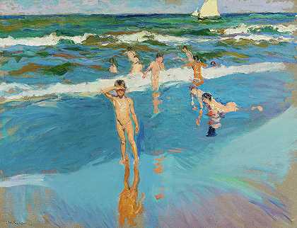 海上的孩子们，巴伦西亚海滩，西班牙，1908年`Children in the Sea, Valencia Beach, Spain, 1908 by Joaquin Sorolla