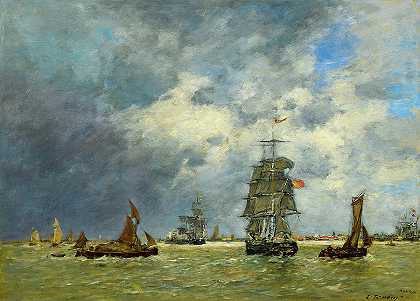 安特卫普，谢尔特河上的船`Antwerp, Boats on the Scheldt by Eugene Boudin