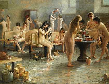 在浴室，1897年`In the Bath House, 1897 by Vladimir Alexandrovich Plotnikov