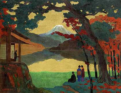 远处的富士山风景，1908年`Landscape with Mount Fuji in the Distance, 1908 by Emil Orlik