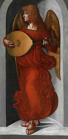 戴着琵琶的红衣天使，1495年`An Angel in Red with a Lute, 1495 by Giovanni Ambrogio de Predis