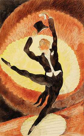 在杂耍表演中，戴着礼帽的杂技男舞者`In Vaudeville, Acrobatic Male Dancer with Top Hat by Charles Demuth
