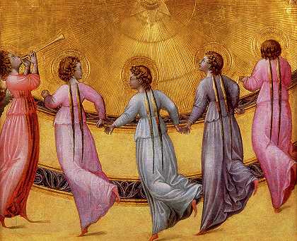 五个天使在太阳前跳舞`Five Angels Dancing Before the Sun by Giovanni di Paolo